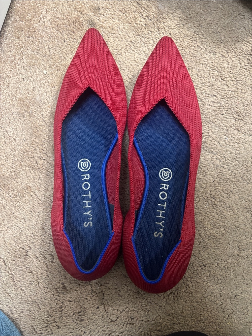 Rothy's Women's Red Pointed Knit Flats with Blue Insole